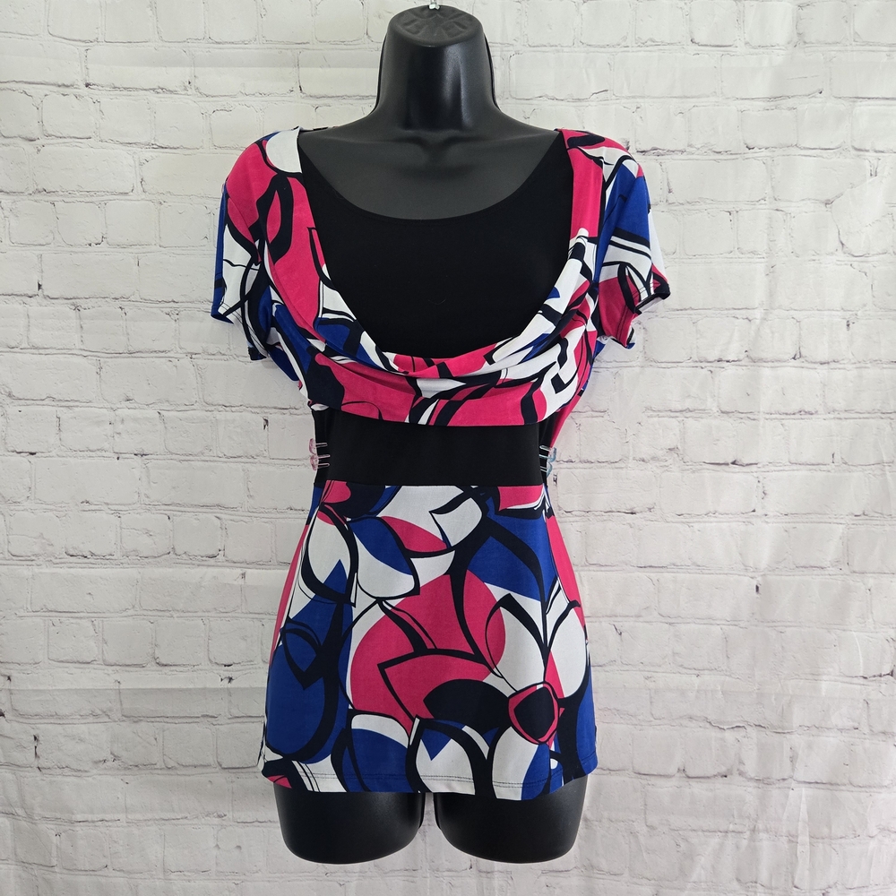 Y2K AA Studio Babydoll Top Sz M Black‎ Abstract Flowers Empire Waist Retro Fairy